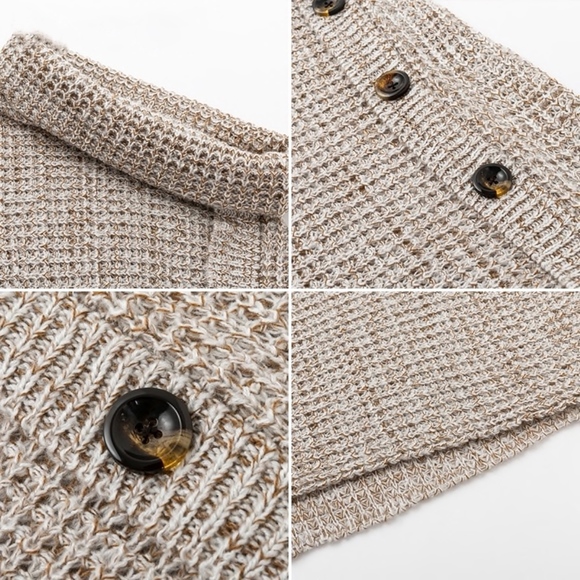 Beige Marled Buttoned Asymmetrical Knit Poncho - Picture 4 of 4